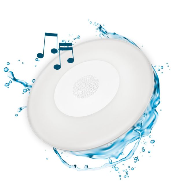 New Garden Play Disk - éclairage et haut-parleur pour piscine extérieure - avec batterie magnétique rechargeable et télécommande - RGB + W (2700K) - Ø 39 x 6 cm - IP67 - blanc