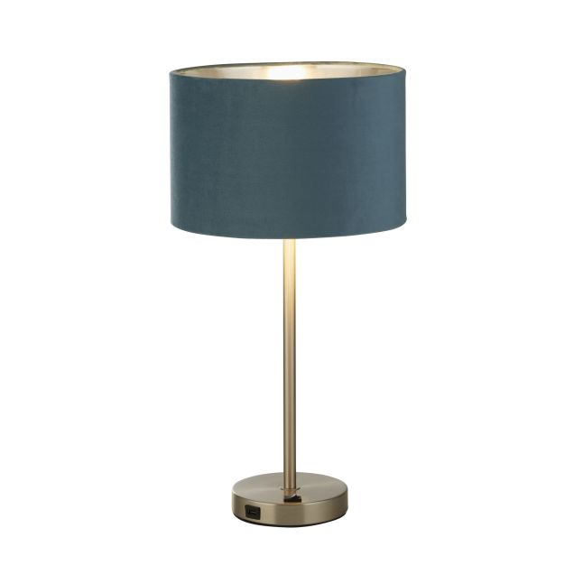 Searchlight Finn - lampe de table - rechargeable par câble USB - Ø 28 x 54 cm - nickel satiné, argent et bleu-vert