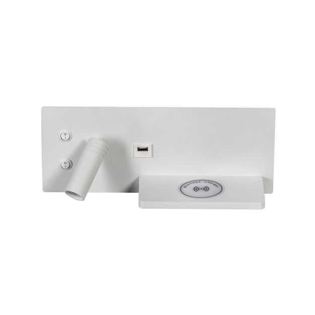 ETH Nighty Left - applique murale avec double interrupteur et chargeur USB et sans fil - 30 x 12 cm - 7W LED inclus - blanc