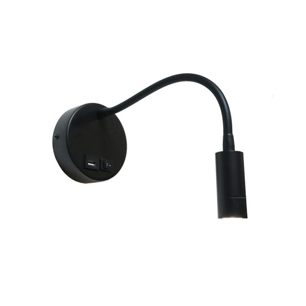 Artdelight Flex-USB - applique murale avec interrupteur et port USB - Ø 11 x 34 cm - 3W LED inclus - noir
