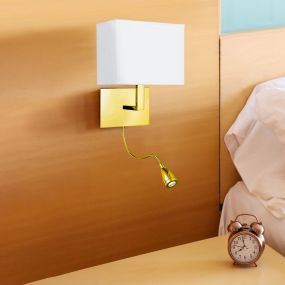 Searchlight Hotel - applique murale avec liseuse - 20 x 26 cm - E27 + 1,45W LED inclus - laiton satiné et blanc