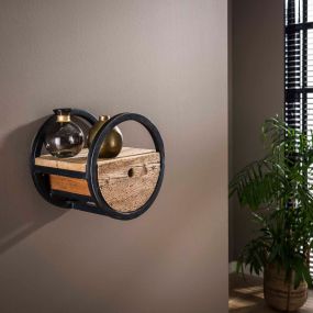 Vico circular - étagère murale avec tiroir -Ø 30 x 25 cm - bois dur