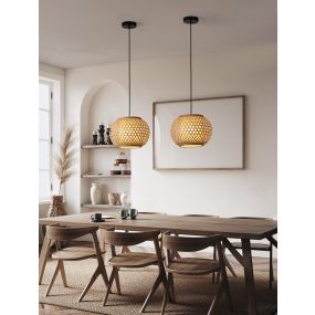 Nova Luce Asma - lampe suspendue - Ø 30 x 150 cm - rotin et noir sablé