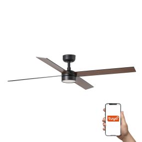 Faro Rudder L 4 Tuya Smart - ventilateur de plafond avec lumière et télécommande - Ø 132 x 27,6 cm - noir mat et noyer foncé