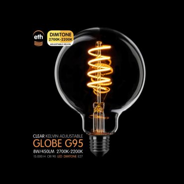 ETH LED Spiral Globe - Ø 9,5 cm - E27 - dimtone - 6W - 2700K à 2200K - transparent