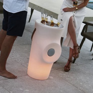 New Garden Woody - Porte-bouteille lumineux musical avec batterie rechargeable et télécommande - Ø 39 x 70 cm - RGB + blanc 5W dimmable LED inclus - IP43 - blanc