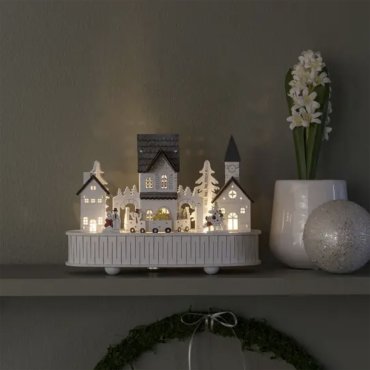 MODÈLE D’EXPOSITION - Konstsmide Lumières de Noël - maison et église en bois alimentées par piles - avec musique - 22 x 12 x 15,5 cm - blanc