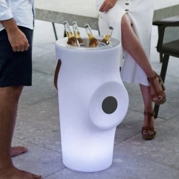 New Garden Woody - Porte-bouteille lumineux musical avec batterie rechargeable et télécommande - Ø 39 x 70 cm - RGB + blanc 5W dimmable LED inclus - IP43 - blanc