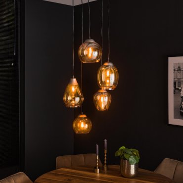 Vico Mix 5L - lampe suspendue - Ø 43 x 180 cm - vieil argent/ambre