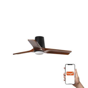 Faro Heywood Tub S Tuya Smart - ventilateur de plafond avec lumière et télécommande - Ø 90 x 23,2 cm - noir mat et noyer foncé