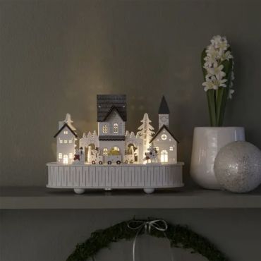 Konstsmide Lumières de Noël - maison et église en bois alimentées par piles - avec musique - 22 x 12 x 15,5 cm - blanc