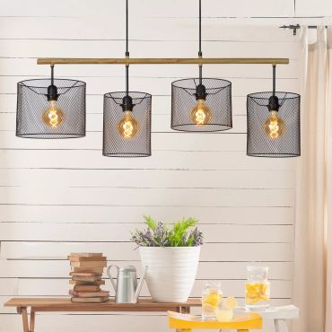 Lucide Baskett - lampe suspendue - 107 x 35 x 175 cm - noir et bois clair