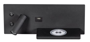 ETH Nighty Left - applique murale avec double interrupteur, USB et charge sans fil - 30 x 3 x 12 cm - LED 7W inclus - noir