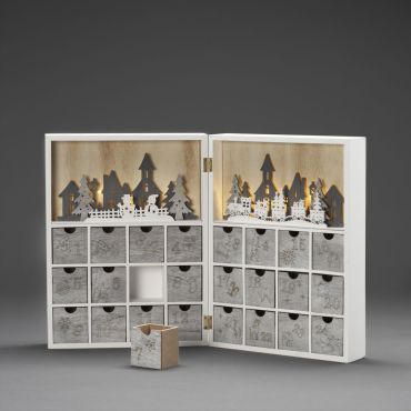 Konstsmide Lumières de Noël - calendrier de l'avent en bois alimenté par piles - 27,5 x 36,5 x 11 cm - blanc