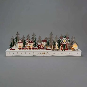 Éclairage de Noël Konstsmide - village en bois avec Père Noël à piles - 78 x 25 x 9 cm - blanc