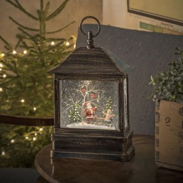MODÈLE D’EXPOSITION - Konstsmide Christmas lights - lanterne de neige avec le Père Noël et l'enfant sur piles - 17,5 x 8,5 x 25 cm - marron