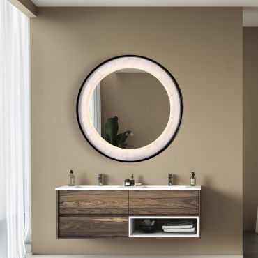 SECONDE CHANCE - Searchlight Luxo - miroir avec éclairage - Ø 80 cm - 17W LED inclus - IP44 - noir mat